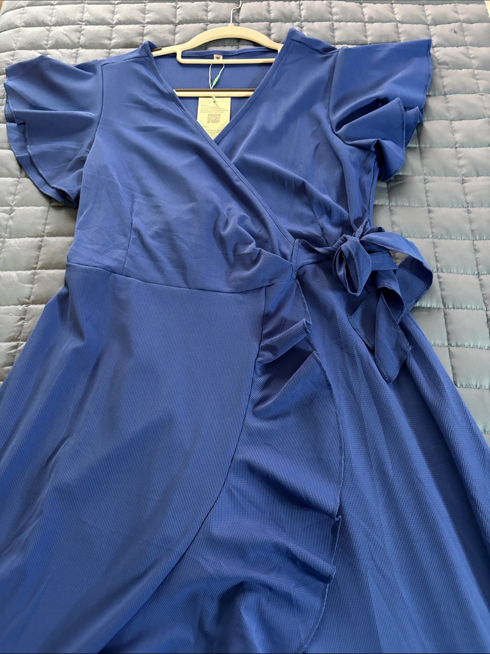 Blue Wrap Midi Dress with Ruffle Detail